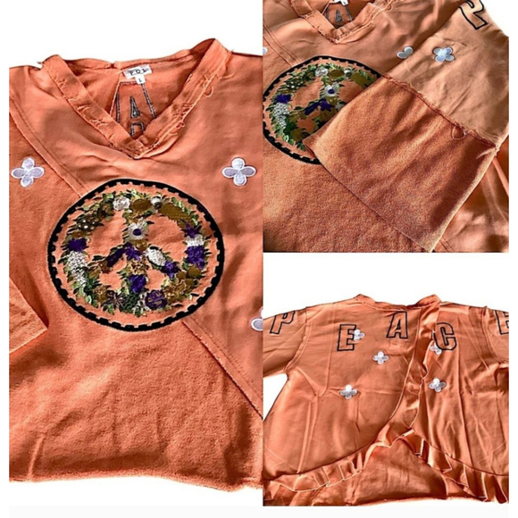 POL Embroidered Peace Sweatshirt V Neck Slit Back Long Sleeves Sz.L Papaya - Picture 10 of 13